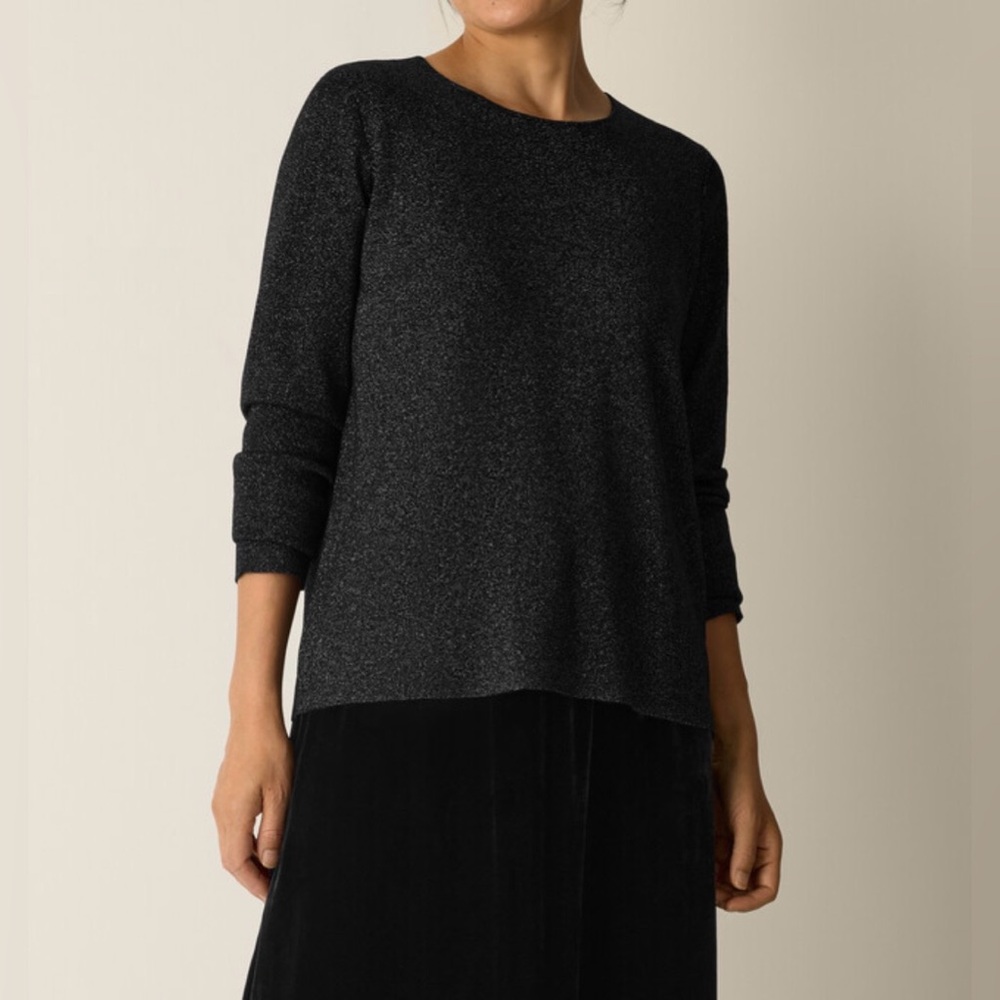 Eileen Fisher Black Wool Shimmer Crew Neck Top